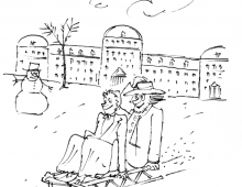 Sketch of a Quaker man and woman sledding in front of Parrish Hall